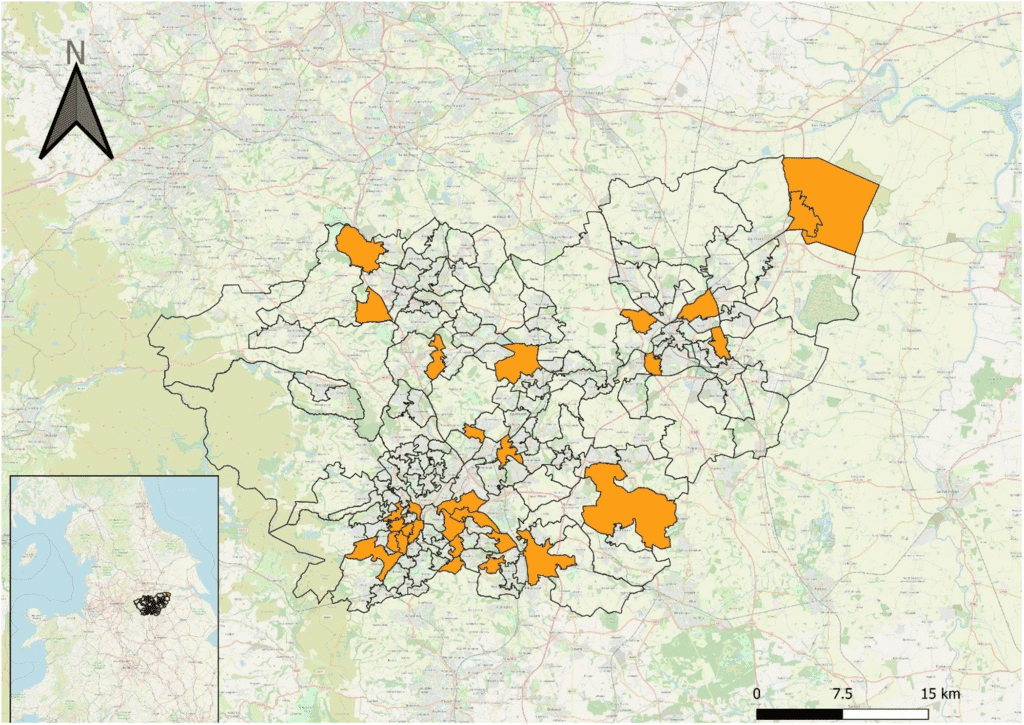 A map of the county with high-crime districts highlighted in orange.
