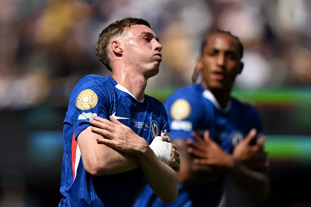 Cole Palmer and his already trademark ‘cold’ celebration. He scored twice in the final. (Chelsea FC website)