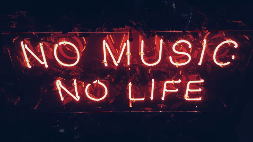 Photo of a red “No music, no life”  neon sign.