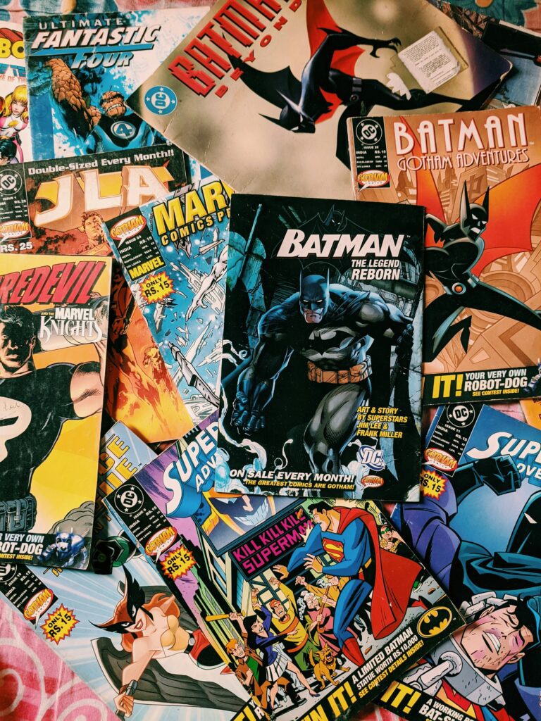 Brightly colored classic comic book covers including Batman