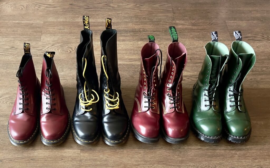 1460 Doc Martens in Cherry Red, 1914 Doc Martens in Black, Solovair Southerner Steel Toe Derby Boot in Cherry Red Hi Shine, Solovair Derby Boot Steel Toe in Green Hi Shine
