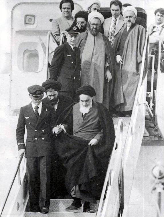 Ayatollah Khomeini changes history as he deplanes in Tehran on 1-Feb-1979, with French pilo