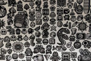 Grayscale pixel artwork of notable Nintendo characters
