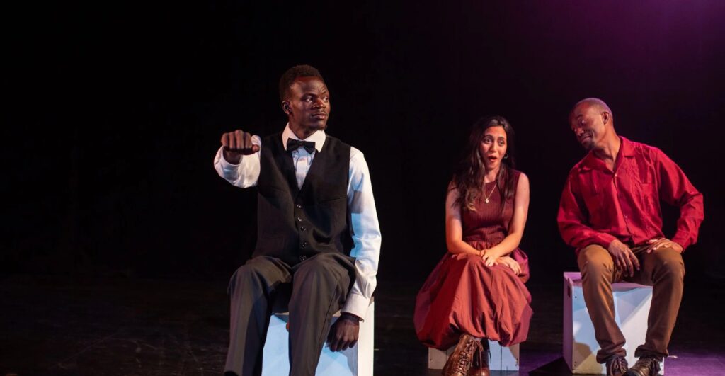 The Flip Side dress rehearsal, July 16, 2025, National Youth Theatre, London. Left to right: Ter Jany, Shanzay Dilshad, Frank Mukisa Nsubuga | Photo by Tobi Ejirele (NYT), via Compass Collective
