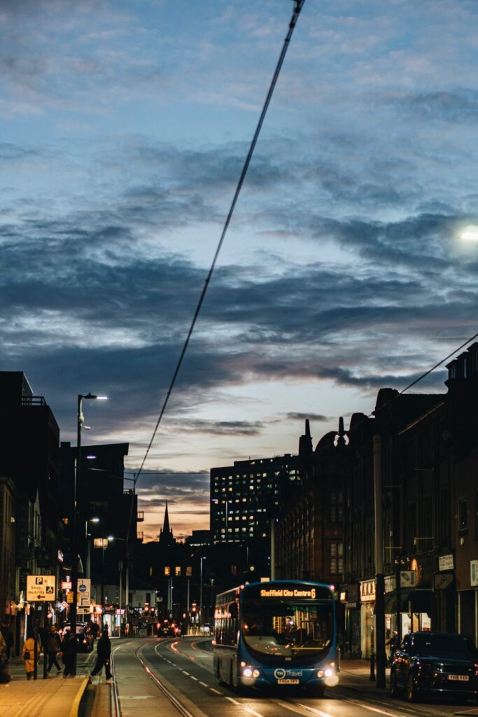 Yorkshire bus at dusk in downtown Sheffield