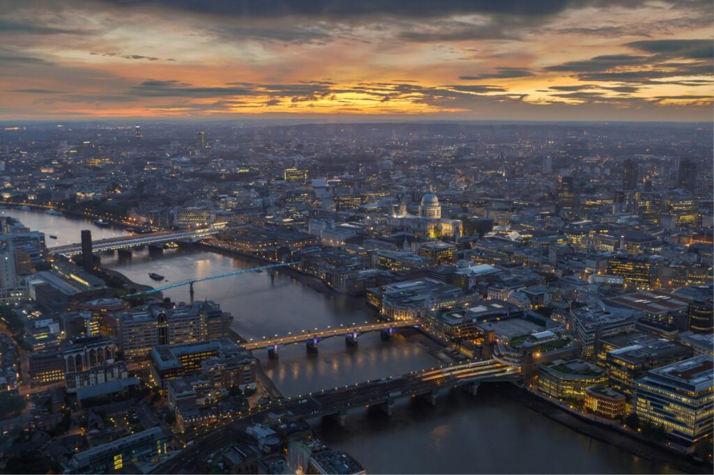 Aerial image of London in the early evening.