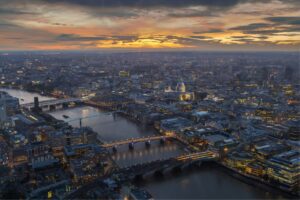 Aerial image of London in the early evening.