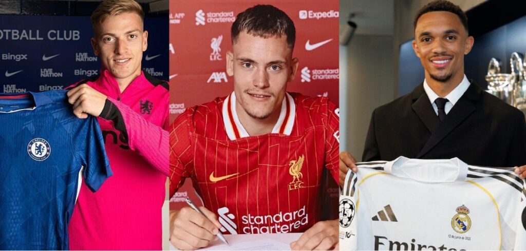 Liam Delap, Florian Wirtz and Trent Alexander-Arnold posing with their new colours. (Clubs media)