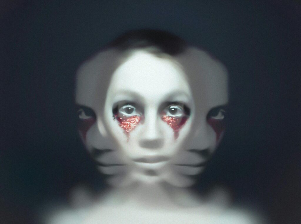 A painting of a ghostly female figure bleeding shimmering blood from her black eyes; her face is distorted in a pale white composition of three faces against a dark background.
