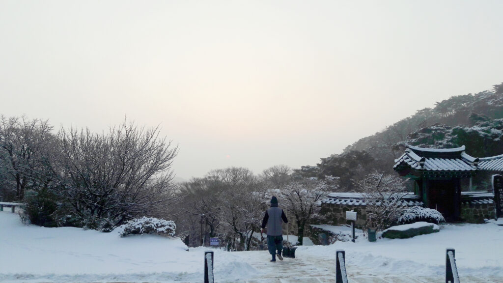 A figure holding a snow shovel, looking out at the temple grounds. 