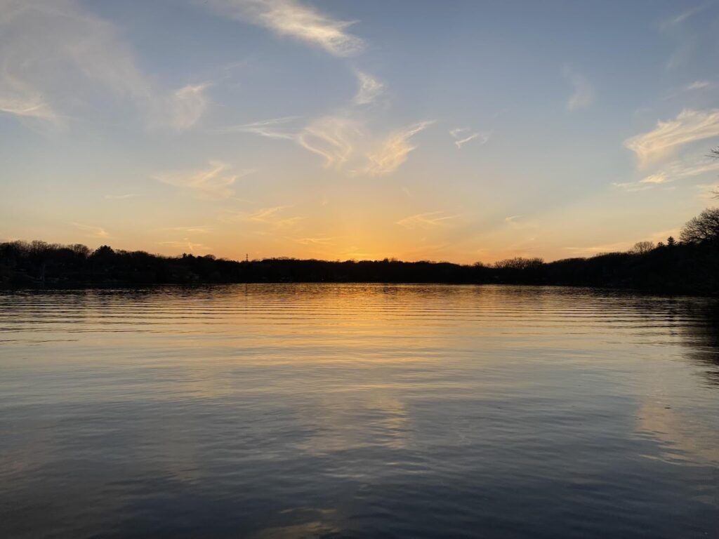 A bay at sunset.