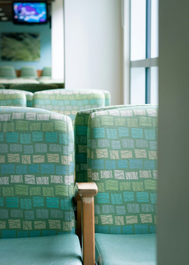 Chairs in the waiting room of a medical office. 