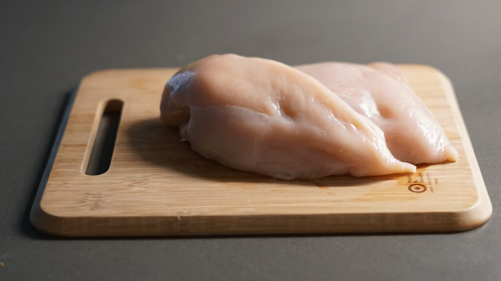 Raw chicken breast on a cutting board