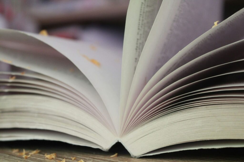 Image of an open book with yellow petals sprinkled over it.
