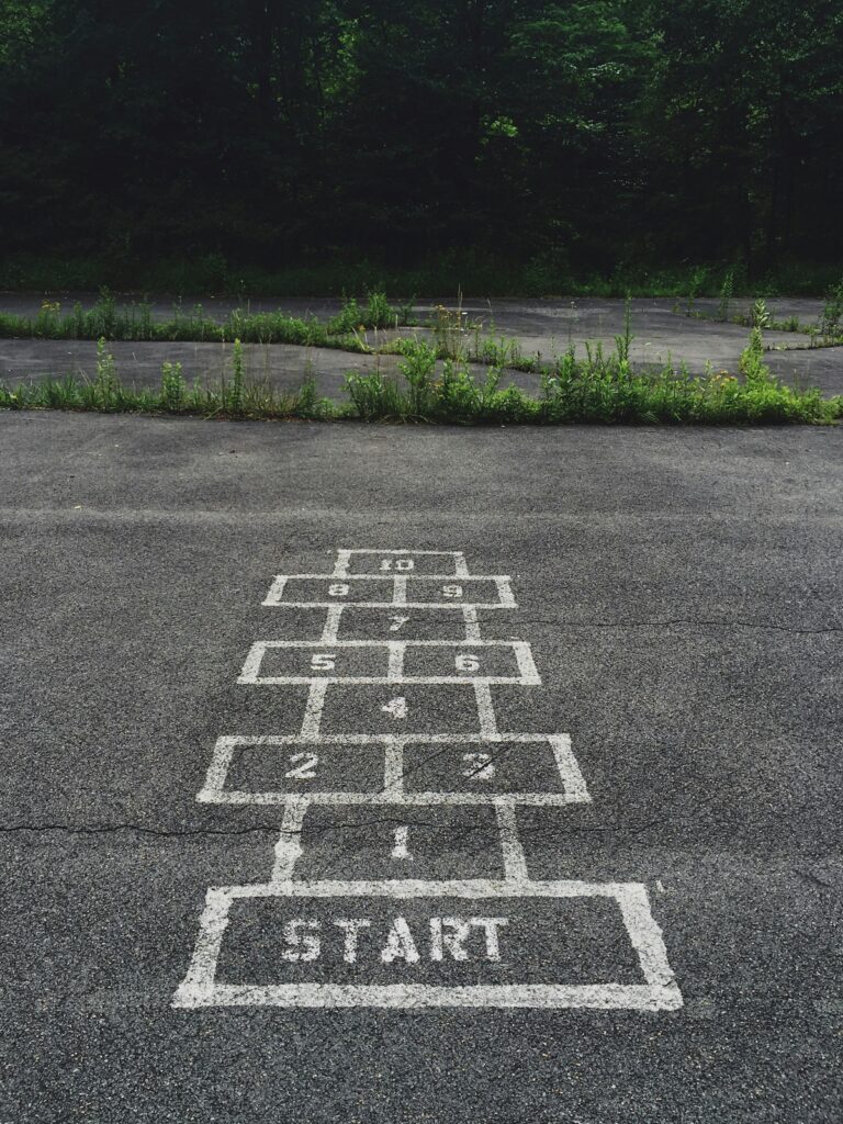 A numbered step routine through a game of hopscotch.