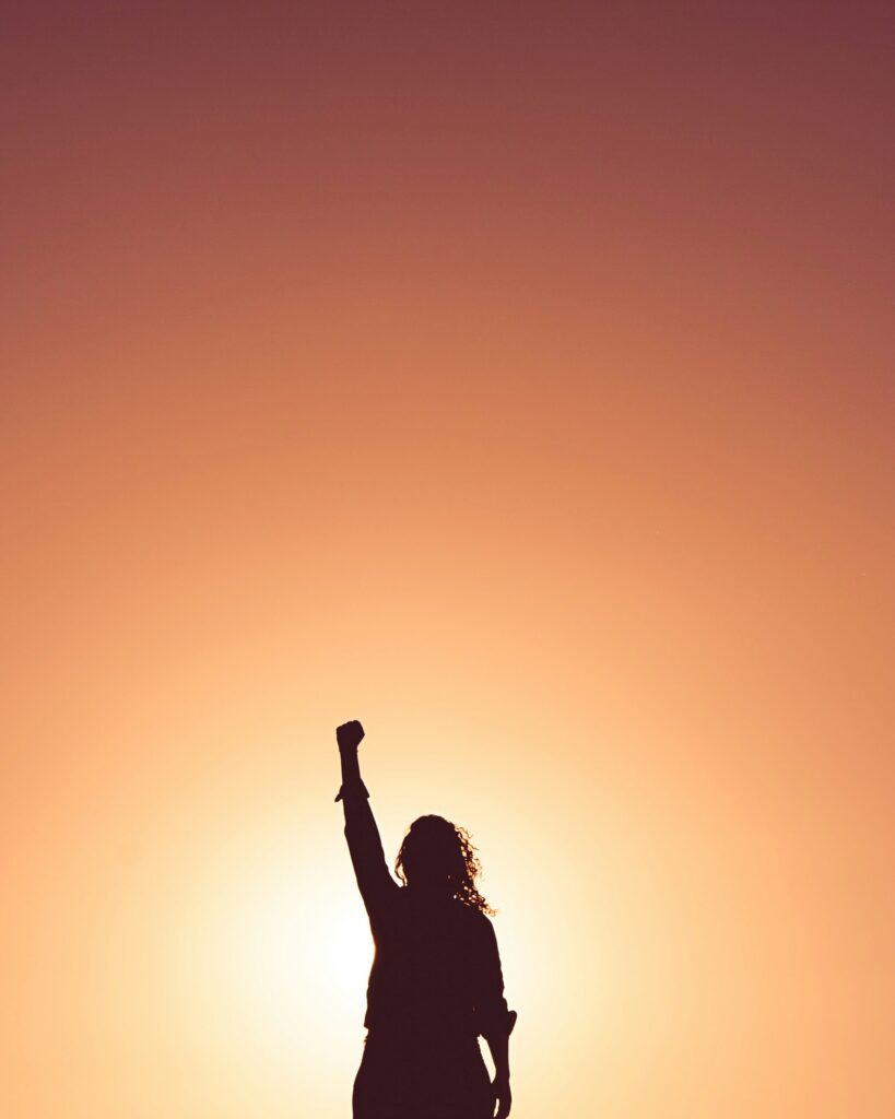 A person holding a fist up in the air, the sun rising behind them. 