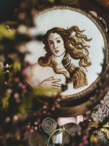 An embroidered reproduction of Sandro Boticelli’s “Venus.”