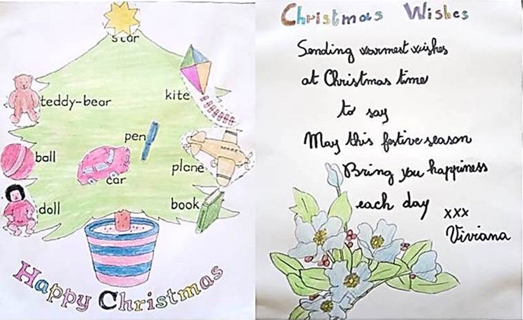 Two Christmas cards side by side, featuring adolescent decoration. 