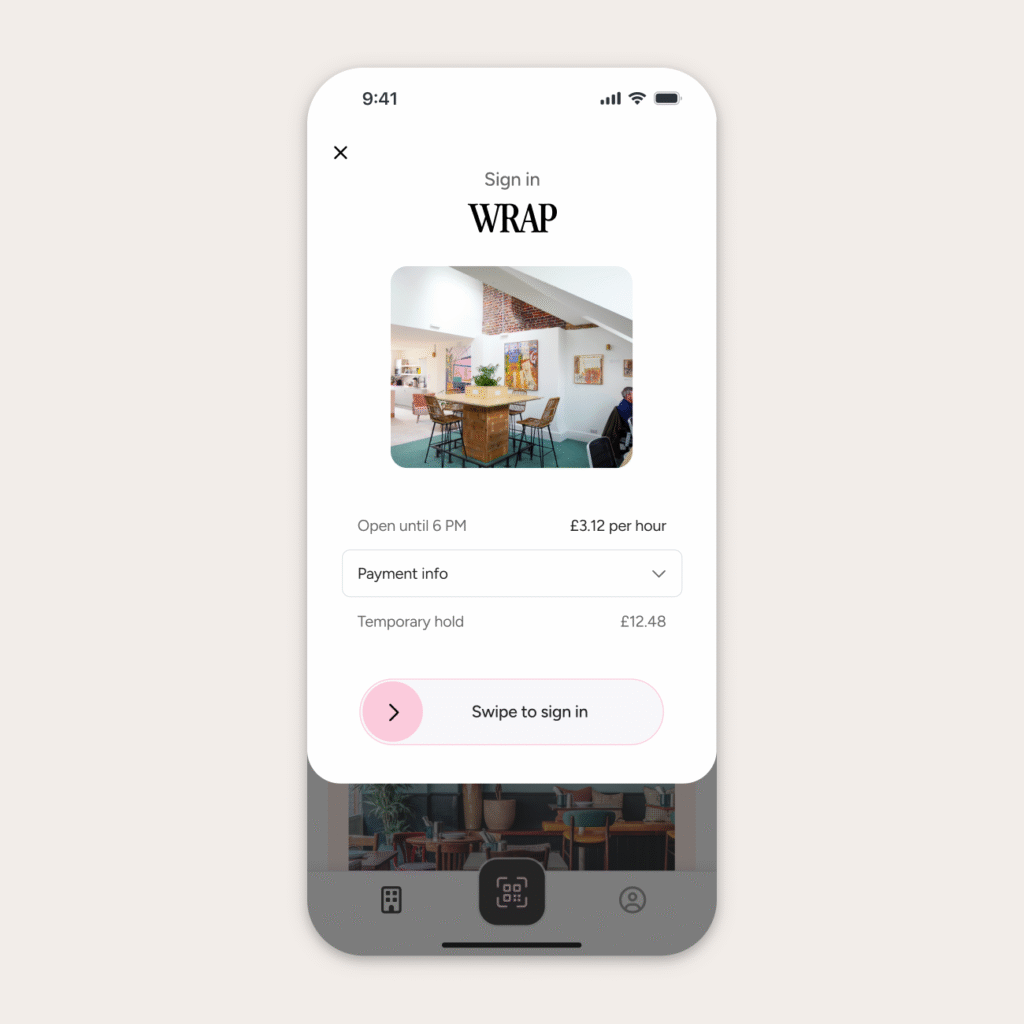 Screenshot from flexible workspace app showing image of co-working lounge, with payment and sign-in details.