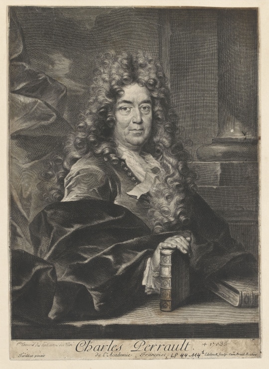 A 1697 photo of Charles Perrault  in his late 60s, taken by Gérard Edelinck. His right hand is on top of a book.