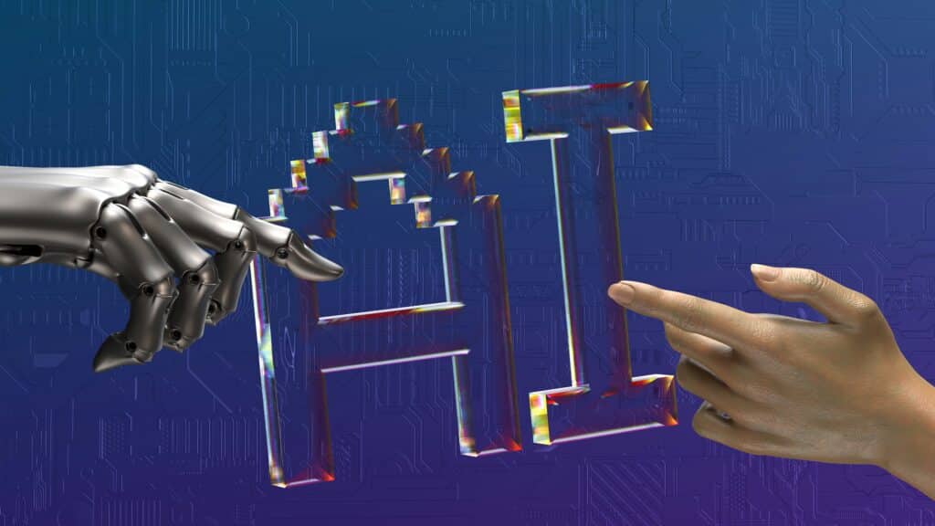 Robot and Human Hands Reaching Out to One Another.