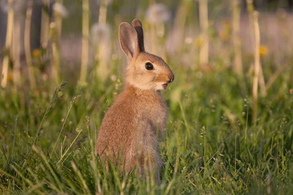 A brown rabbit stands on its hind legs in a field.
