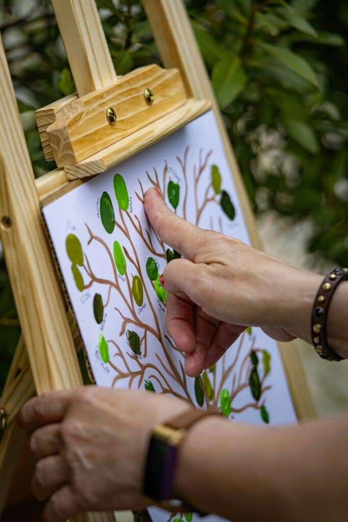 An adult creating a family tree from painted fingerprints and the outline of tree branches.