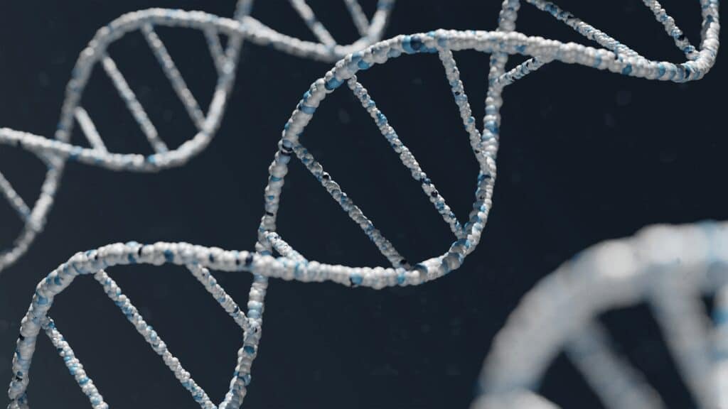 DNA double helix strands on a black background.