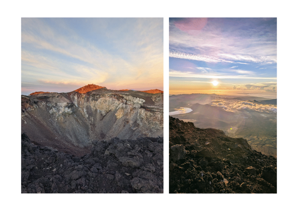 Two images of the view of and from Fuji, showing the contrast between rock and sky.