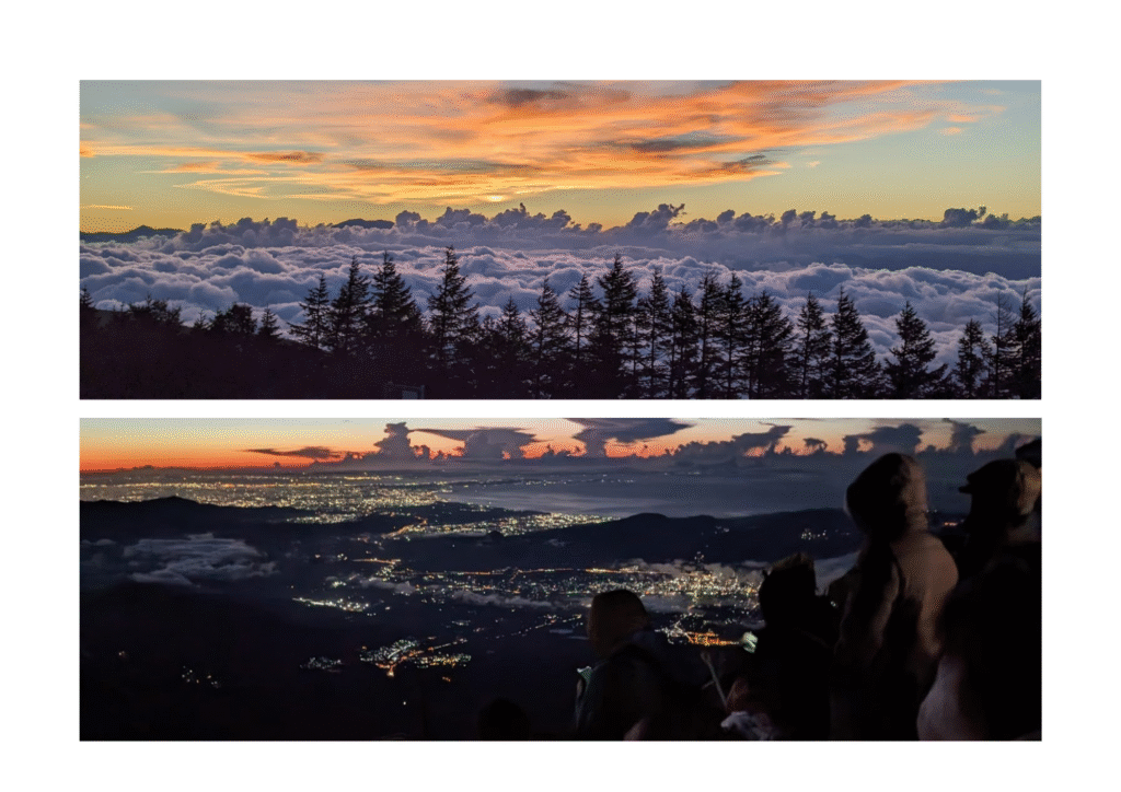 Two images featuring the view from the ascent of Fuji. The first shows a sunset from the fifth station while the second shows a sunrise from the summit. 