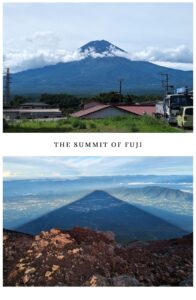Image shows a combination of two photos: the first is a landscape shot of Mount Fuji during summer, the second shows the shadow of Fuji spread over the land.
