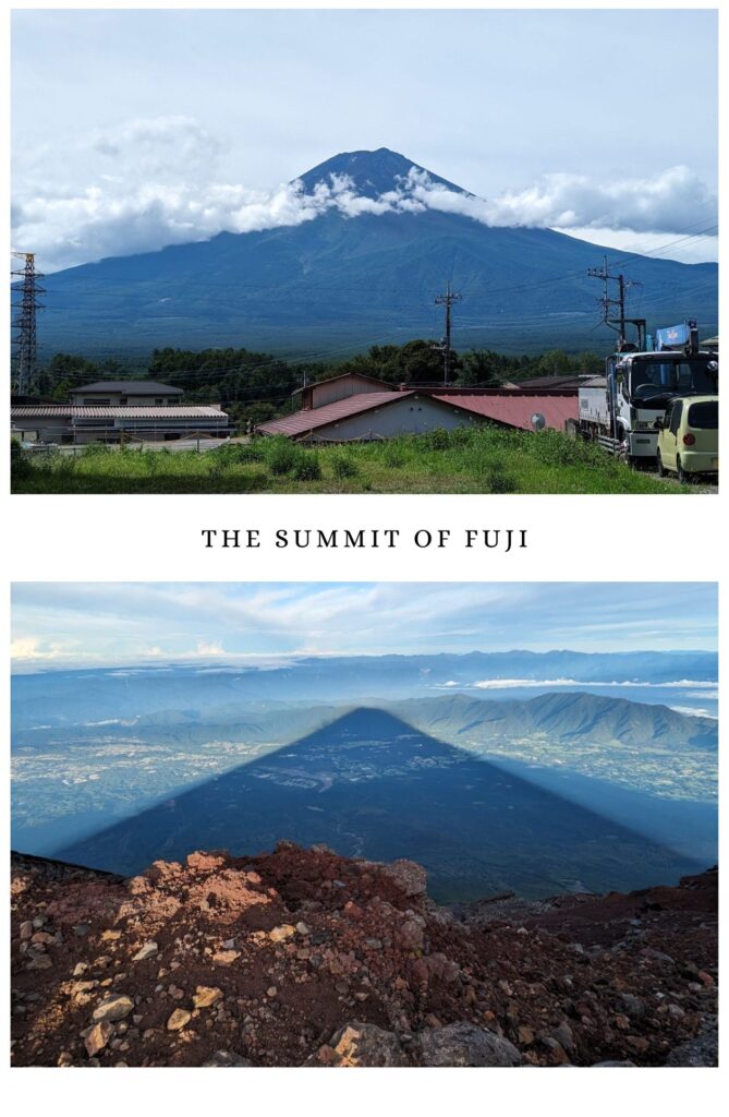 Image shows a combination of two photos: the first is a landscape shot of Mount Fuji during summer, the second shows the shadow of Fuji spread over the land.