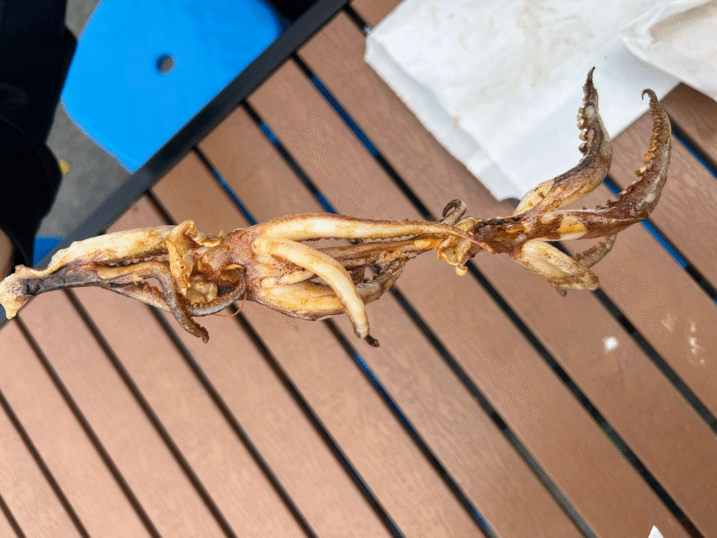 Cooked squid on a skewer.