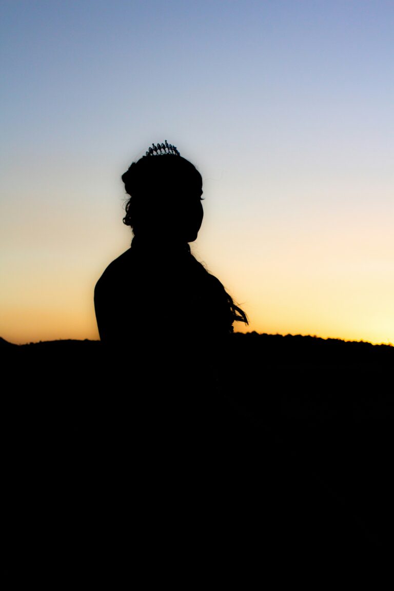 Silhouette of a woman wearing a tiara and gazing at the sunset.