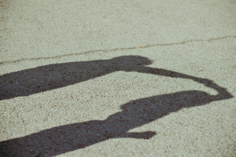 Two shadows, cast long on the pavement are connected as the first pulls the second forcefully by her arm. They are arguing.