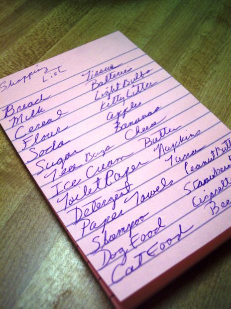 Shopping list of bread to cat food and beer